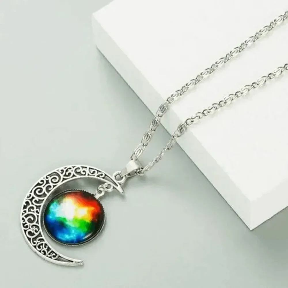 Multi Color Crescent Moon Galaxy Necklace - Picture 2 of 4